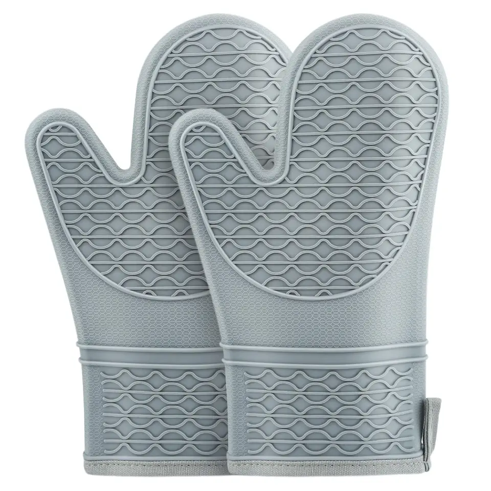 Heat resistant oven gloves, grey pair on a plain white background.