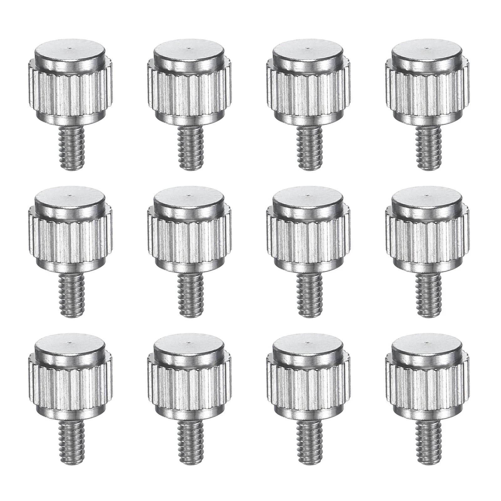 Set of 12 stainless steel flat head knurled thumb screws in M2 and M2.5 sizes for quick adjustment on machinery.