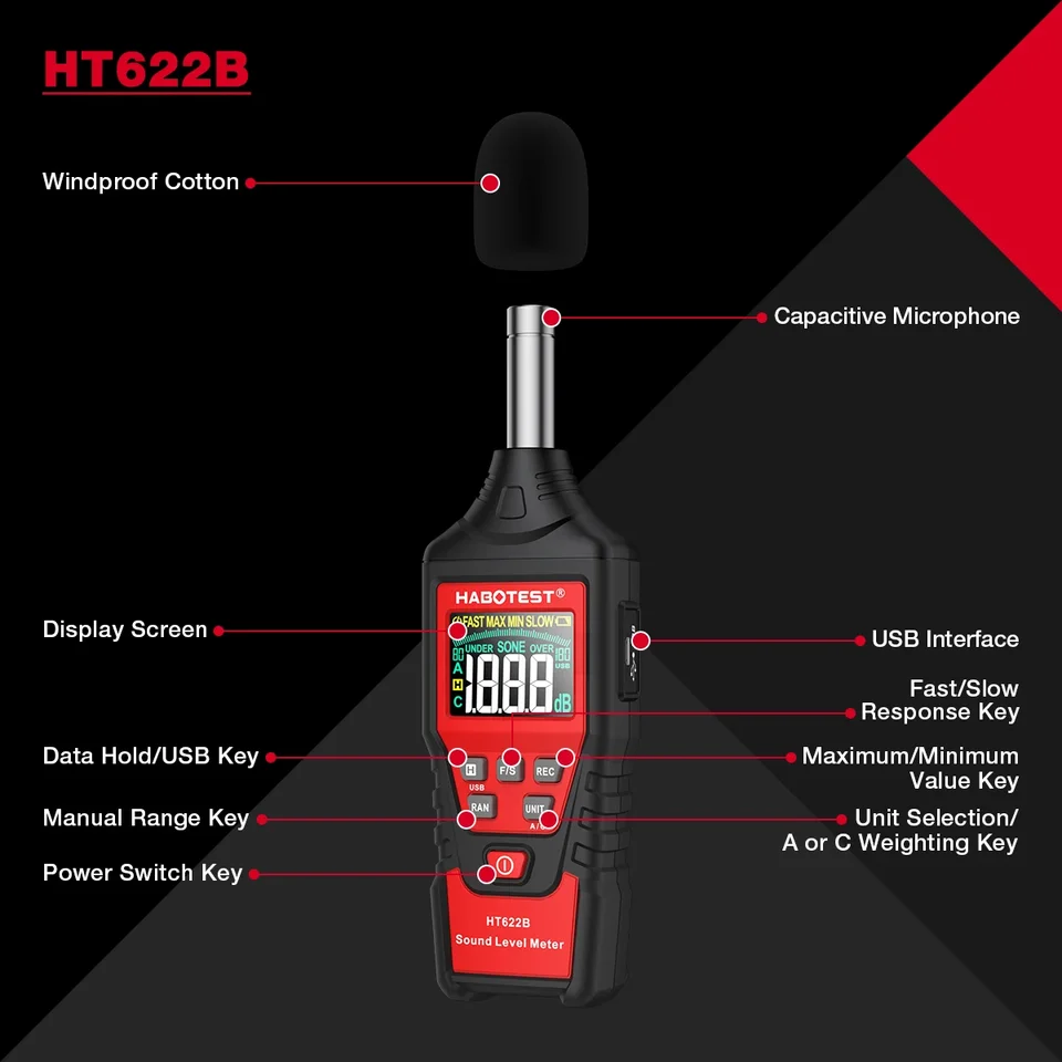 HT622 Sound Level Meter | 30-130dBA Noise Measurement | Portable Decibel Meter - Thumbnail 6