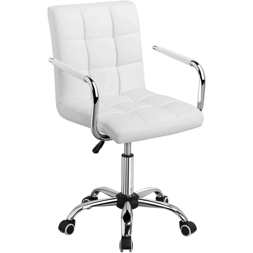White modern office chair with PU leather upholstery, mid-back design, adjustable height, 360-degree swivel, and rolling wheels.