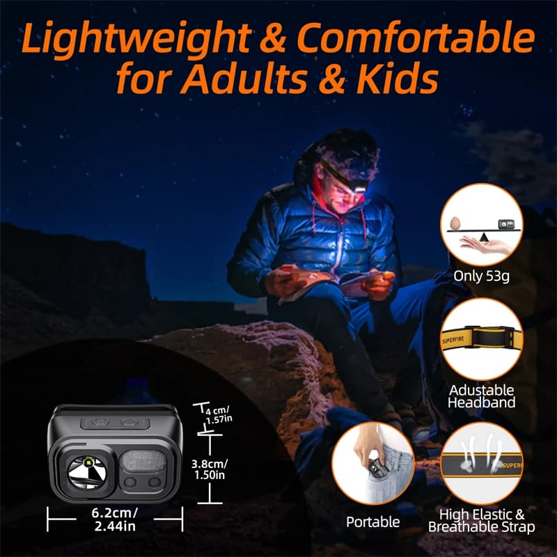 SUPERFIRE Mini LED Head Torch | USB-C Rechargeable | Red Light, Camping & Fishing - Thumbnail 4