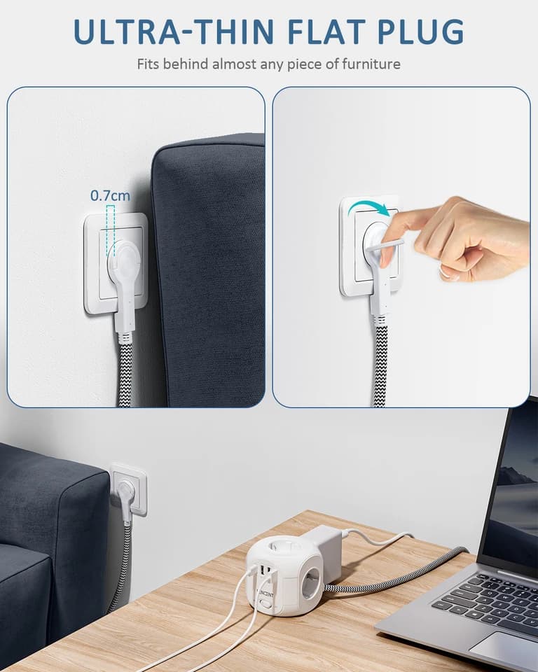 LENCENT Power Cube Extension Lead | 4 AC, 3 USB, Type C | 3M Cable with Switch - Thumbnail 4