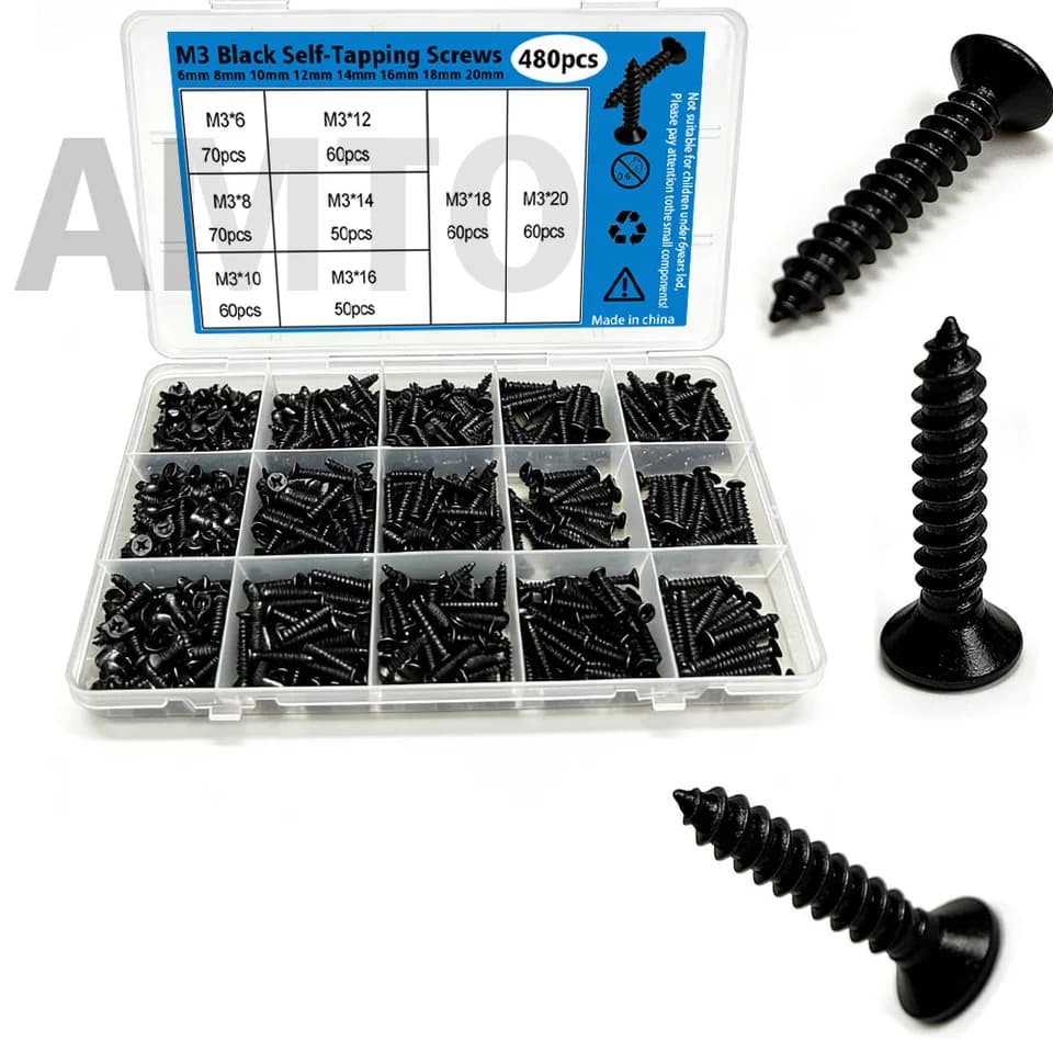 Self Tapping Screws Assortment Kit | 480 Black Wood Screws | 6-20mm Sizes - Thumbnail 3