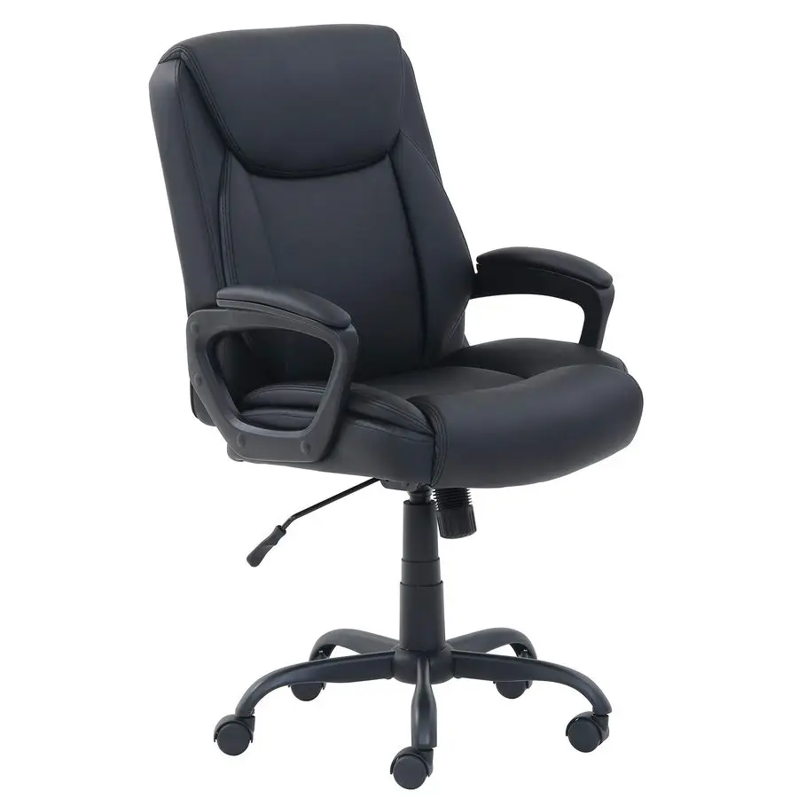 Classic black office desk chair with Puresoft PU padded mid-back design, adjustable height, and armrests, measuring 26D x 23.75W x 42H inches.