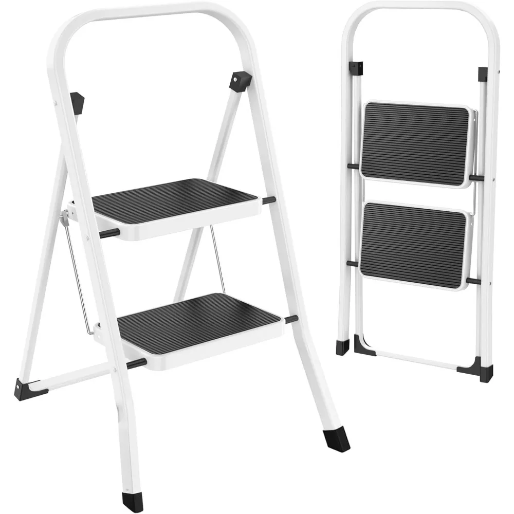 White folding step stool with non-slip pedal, supporting 330 lbs, ideal for kitchen and home use by adults.