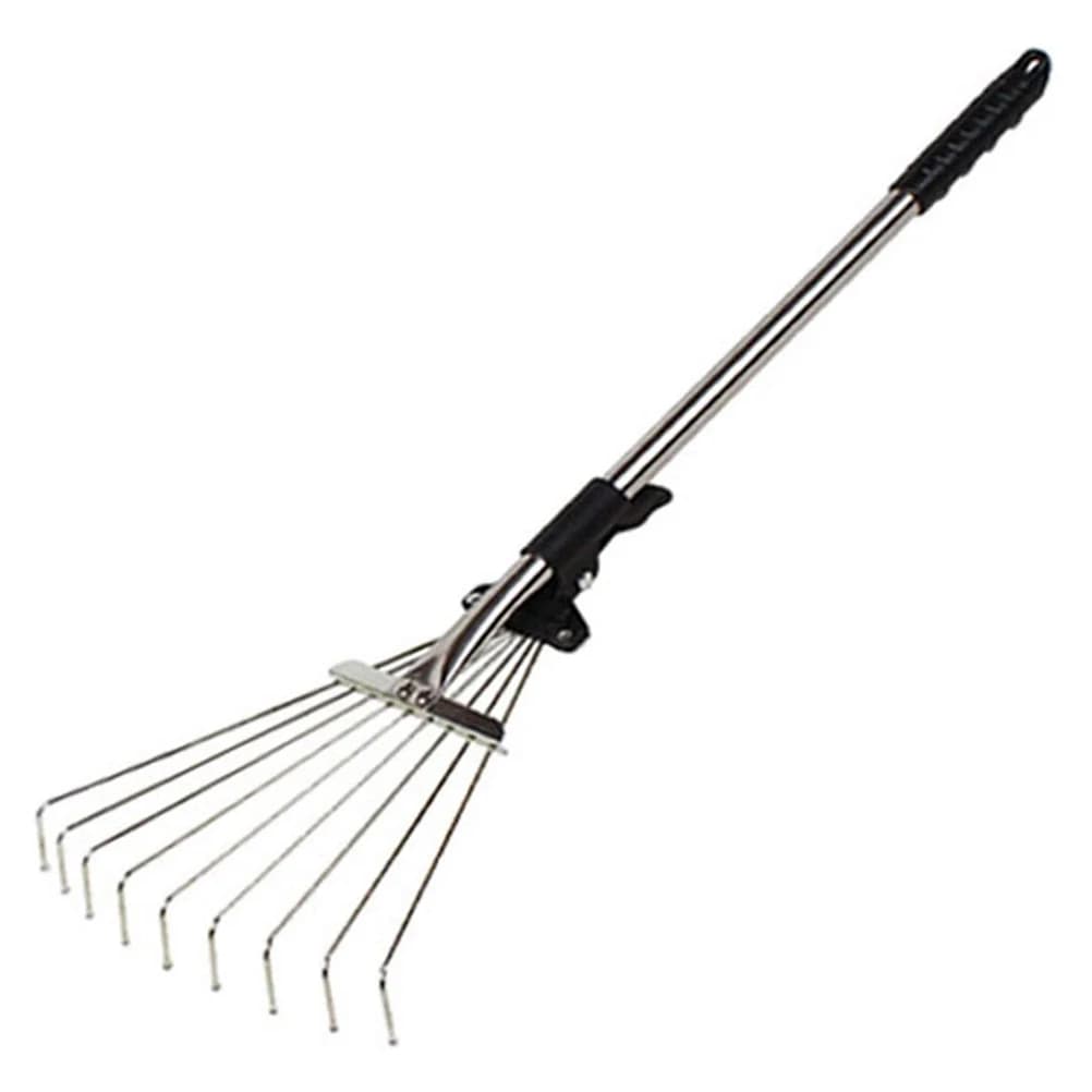 Multi-toothed adjustable metal rake and hoe tool, ideal for gathering deciduous leaves, hay, and grass clippings from lawns and yards.