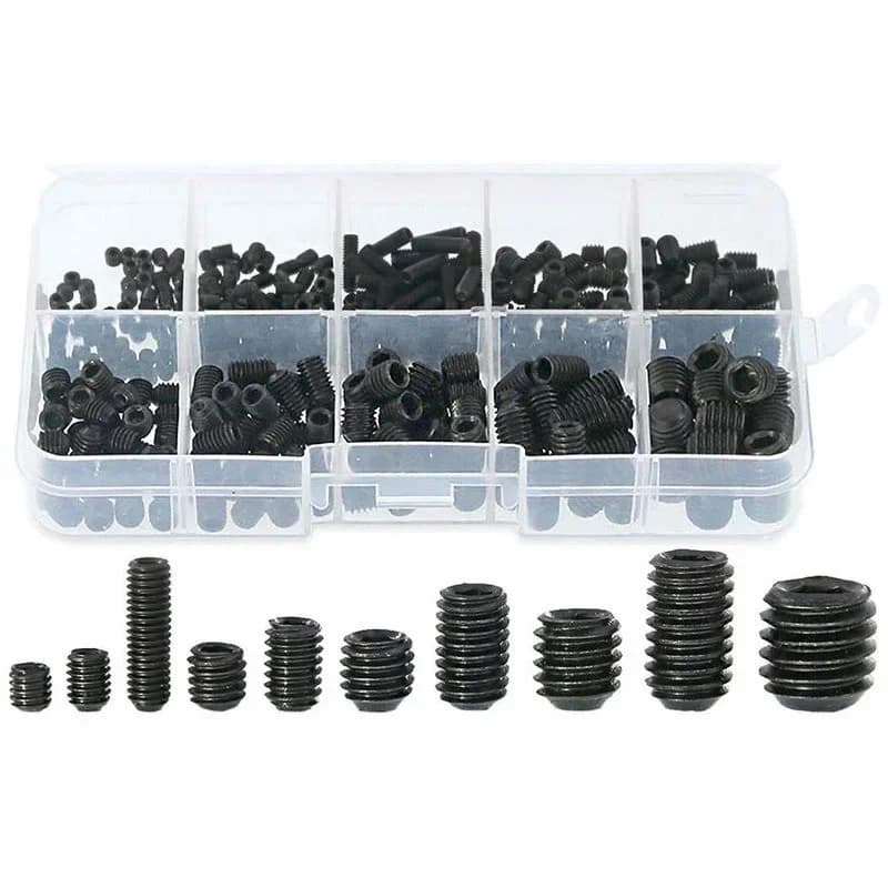 Grub screws set in clear organiser, with various sizes displayed.
