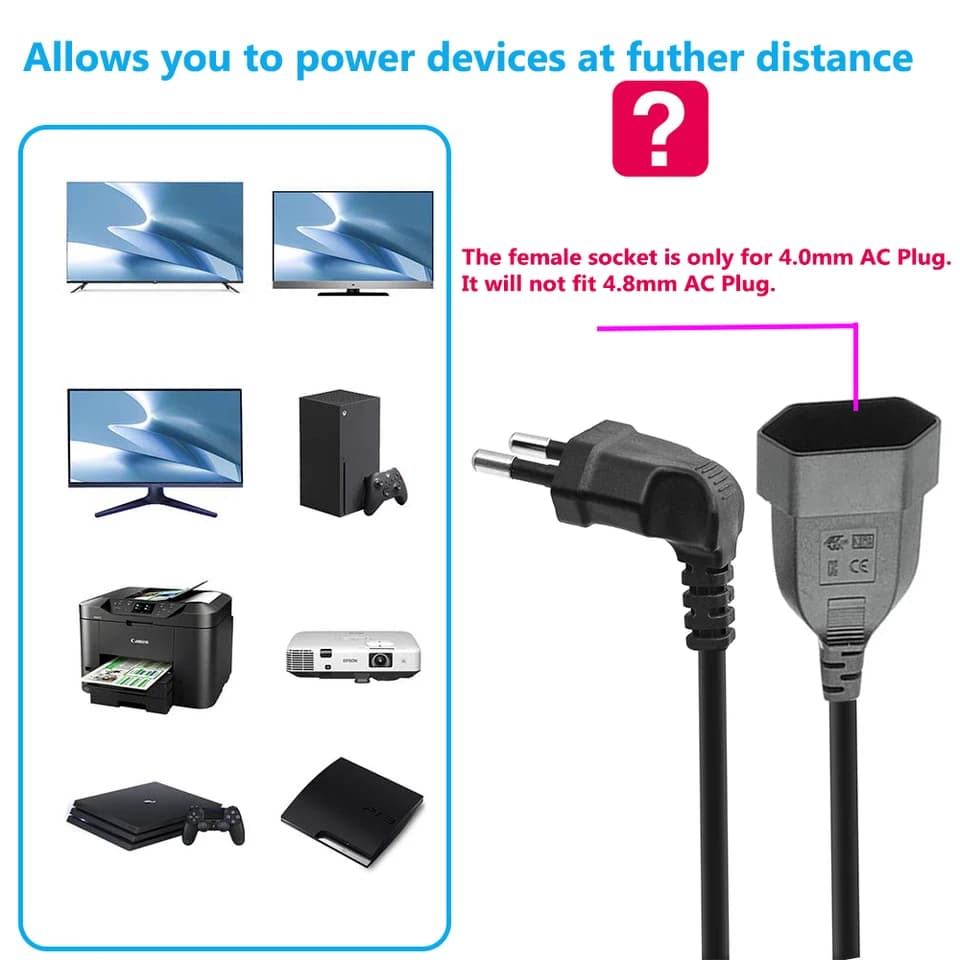 European Extension Lead | Angled 2-Prong Power Cable | Male to Female - Thumbnail 3