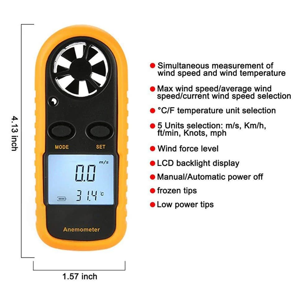 Digital Pocket Anemometer | 0-30m/s Wind Speed Meter | LCD Backlight Airflow - Thumbnail 4