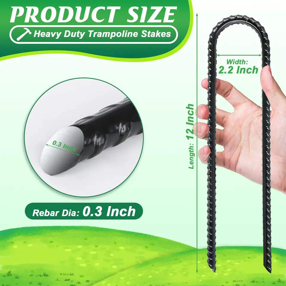 Heavy Duty Ground Anchor 6-Pack | 12" U-Shaped Rebar Tent Stakes | Trampoline & Camping Security - Thumbnail 2