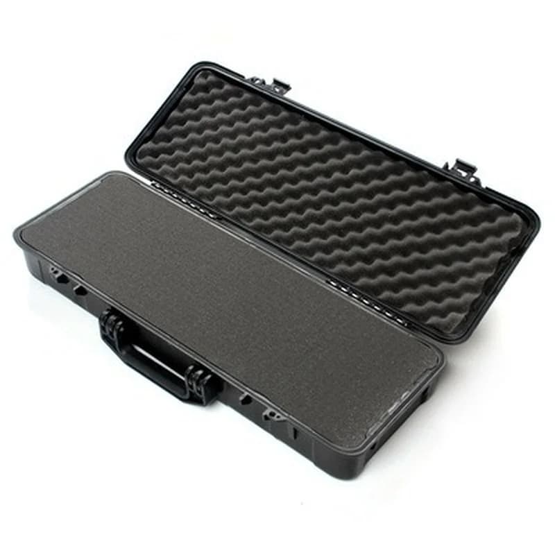 Waterproof safety storage box with shockproof design for protecting hunting rifles, air guns, aiming scopes, and related instruments during transport.