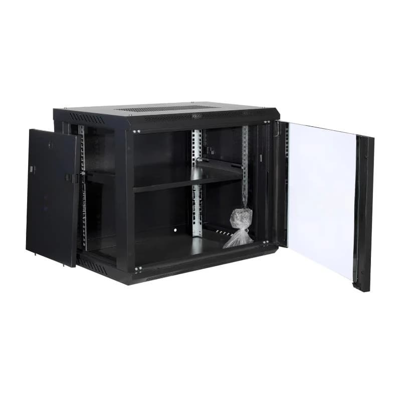 6U wall mounted server rack for network data centers, featuring a black powder-coated steel frame with adjustable mounting brackets.