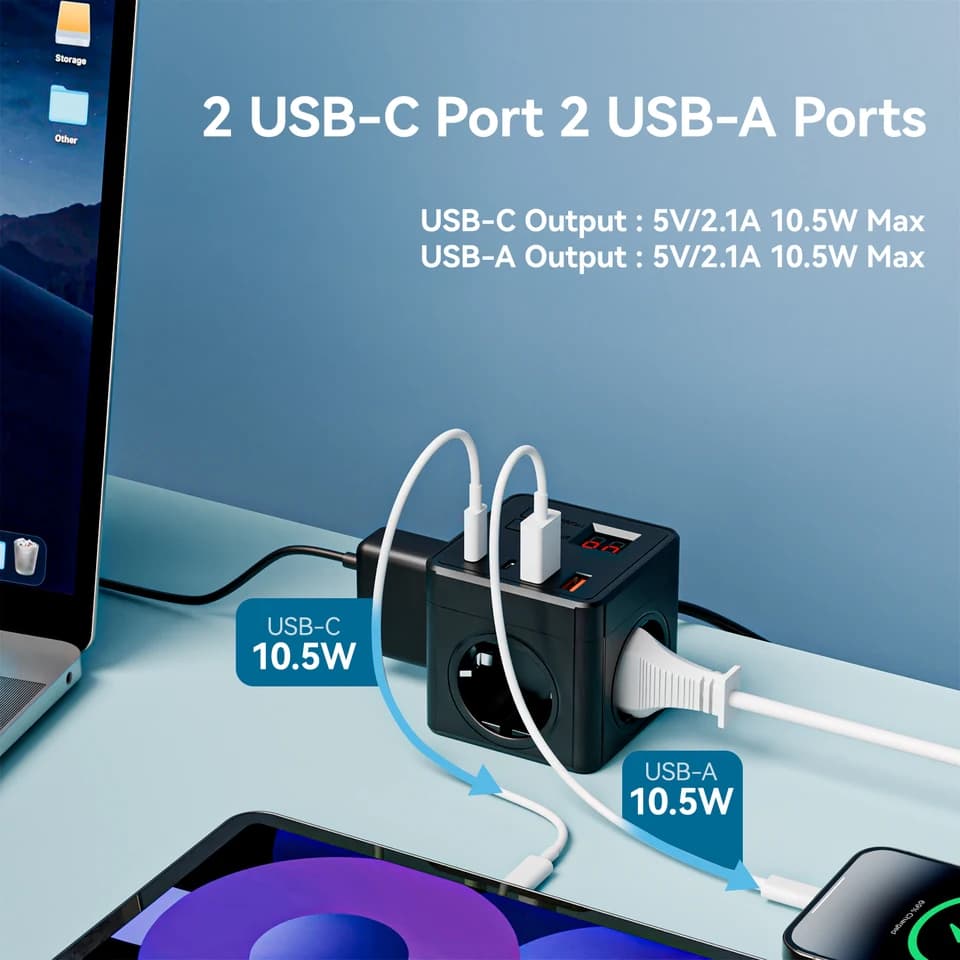 7-in-1 Power Extension Lead | Surge Protected 3 AC 3 USB 1 Type-C | 1.5m Timed Desktop Charging - Thumbnail 4