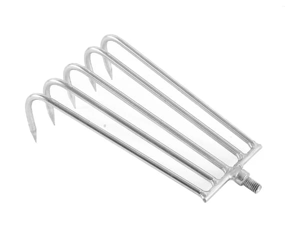 Heavy-duty silver fishing rake for aquatic plants and lake debris, also effective for picking up leaves and grass clippings on lawns.