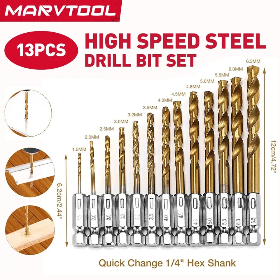 Drill Bit Set | 13-Piece Titanium Coated | 1/4 Hex Shank for Metal - Thumbnail 4