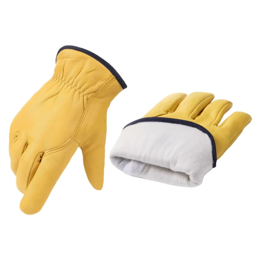 Winter work gloves with leather exterior, thermal insulation, and warm cotton lining for cold weather freezer work and outdoor tasks.