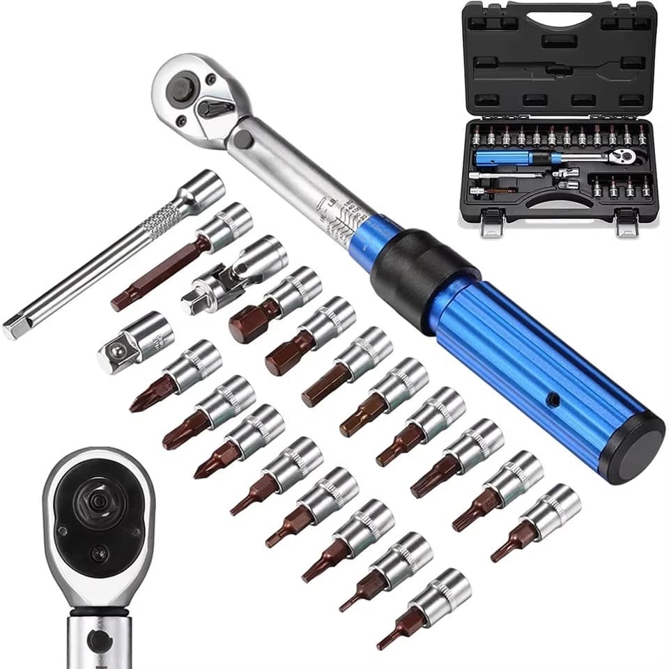 Torque wrench set with various bits, extension bar, and carrying case on white.