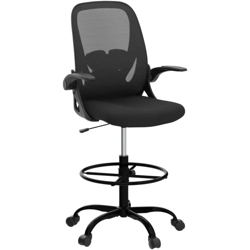 Ergonomic desk chair with lumbar support, adjustable footrest ring, and flip-up armrests designed for tall users in office environments.