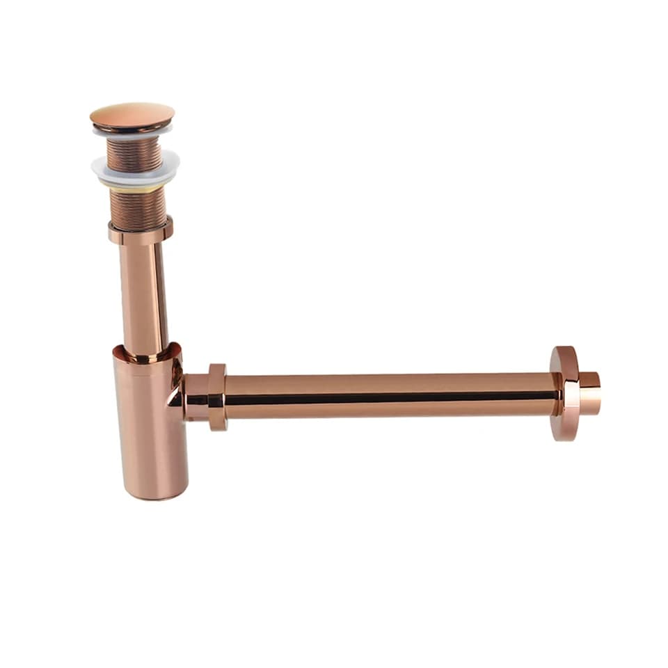 Rose Gold Kitchen Sink Bottle Trap: single drain and trap on white background.