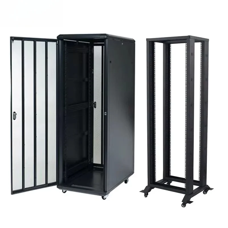 4U 32u 42u Rack Server Network Data Center Switch in a 19-inch open floor frame, showing front and side construction.
