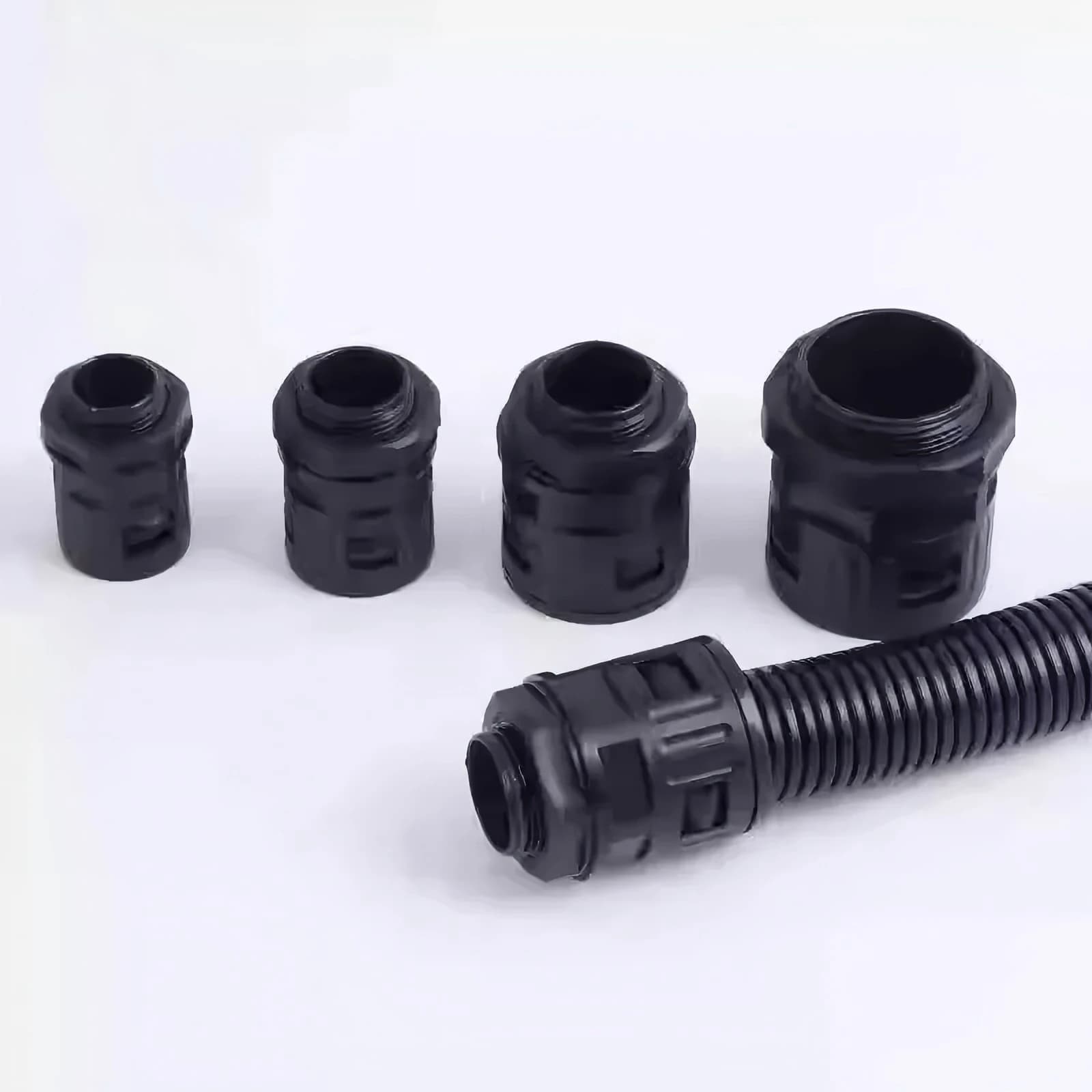 Plastic corrugated pipe joint and cable gland set for electric scooter crash protection, includes sliders and M12 to AD42.5 size protectors.