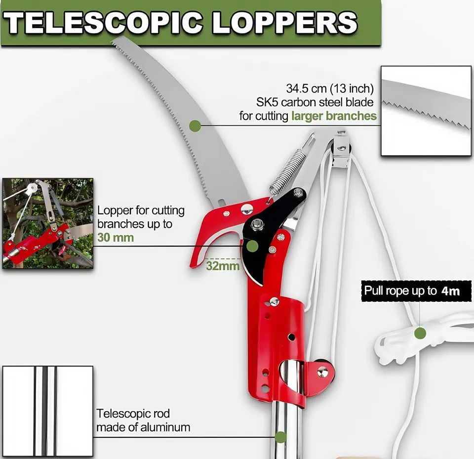 Long Reach Tree Pruner Secateurs | High-Altitude Branch Trimmer | Garden Plant Clipper - Thumbnail 2