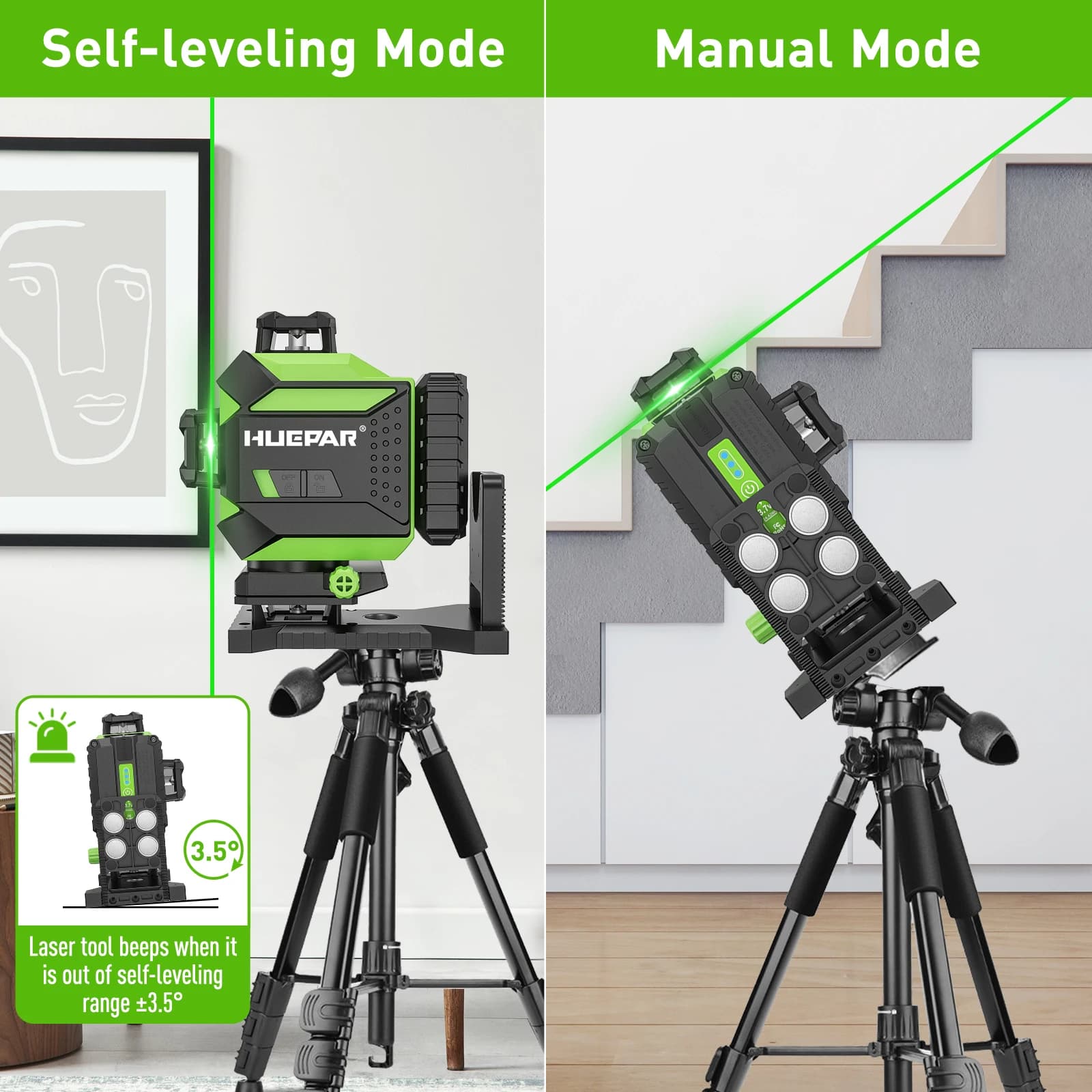 Huepar 704CG digital 4D laser tool with 16-line green beam, 360-degree rotation, and self-leveling for advanced layout work.