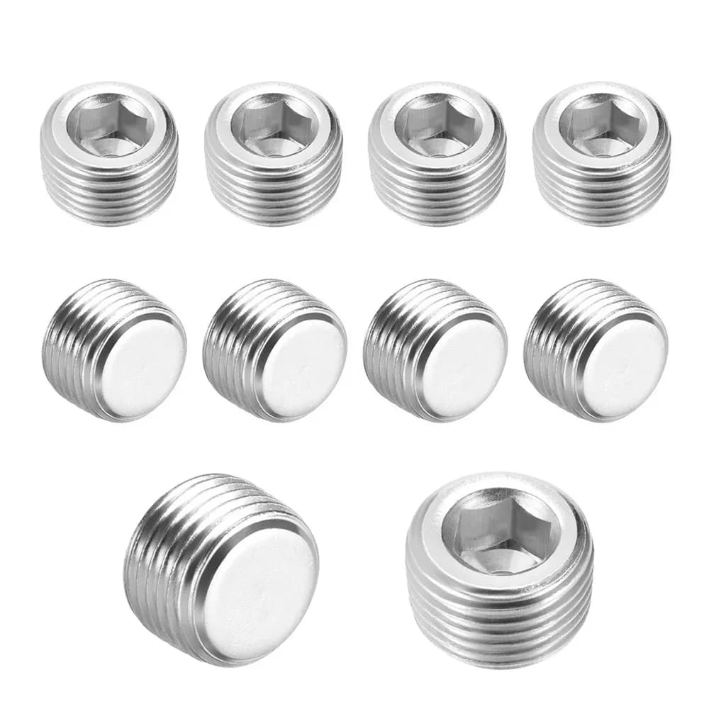 10 Pack stainless steel hex socket pipe plugs in BSPT and NPT thread sizes from 1/16 to 1 inch, made from durable SS304.