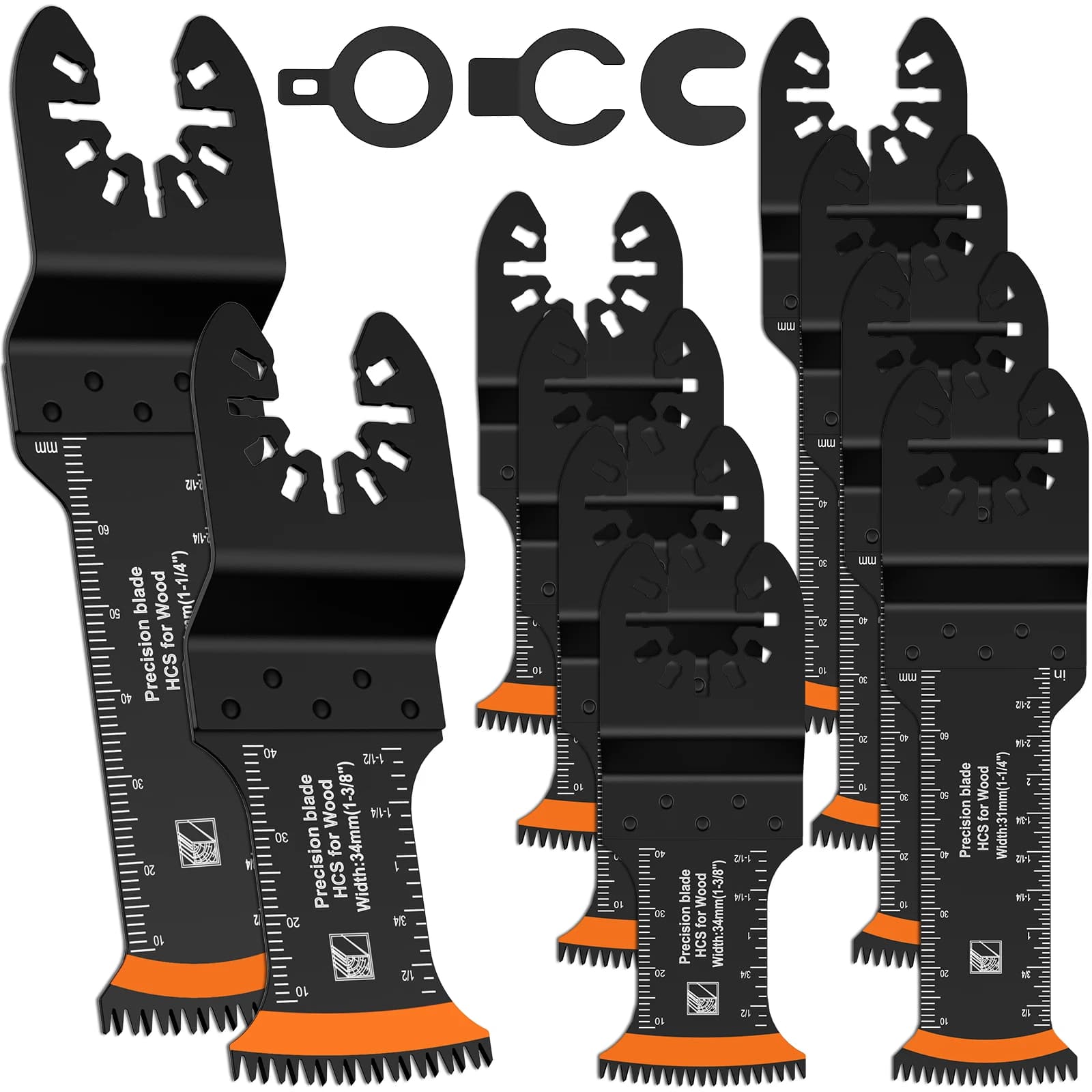 8 or 10-piece set of Japanese oscillating saw blades with high-carbon bi-metal construction, curved edges for sharp, wear-resistant cutting.