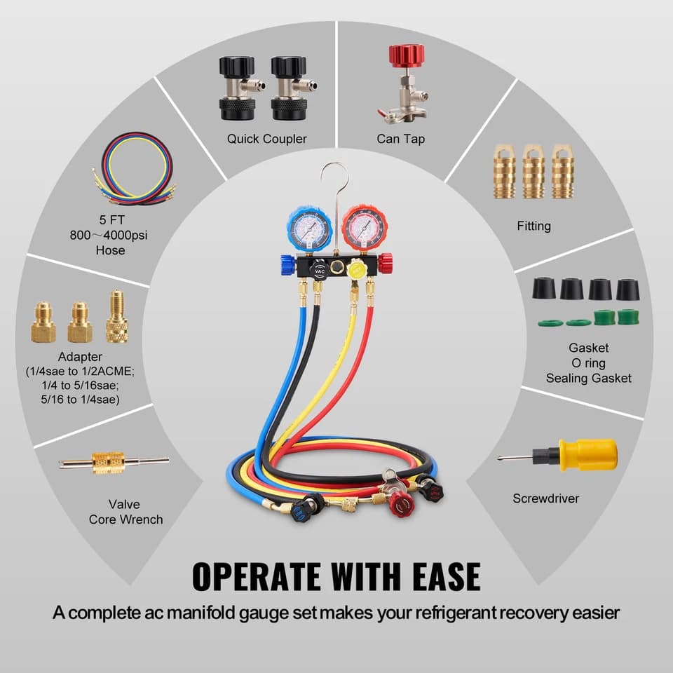 AC Recharge Kit | 4-Way Manifold Gauge Set with 5ft Hoses | R134a R410a - Thumbnail 6