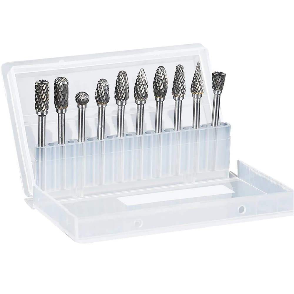 Tungsten steel PCB drill bit set of 10 micro diameter bits with 1/8 inch shank for precision circuit board drilling and electronics projects.