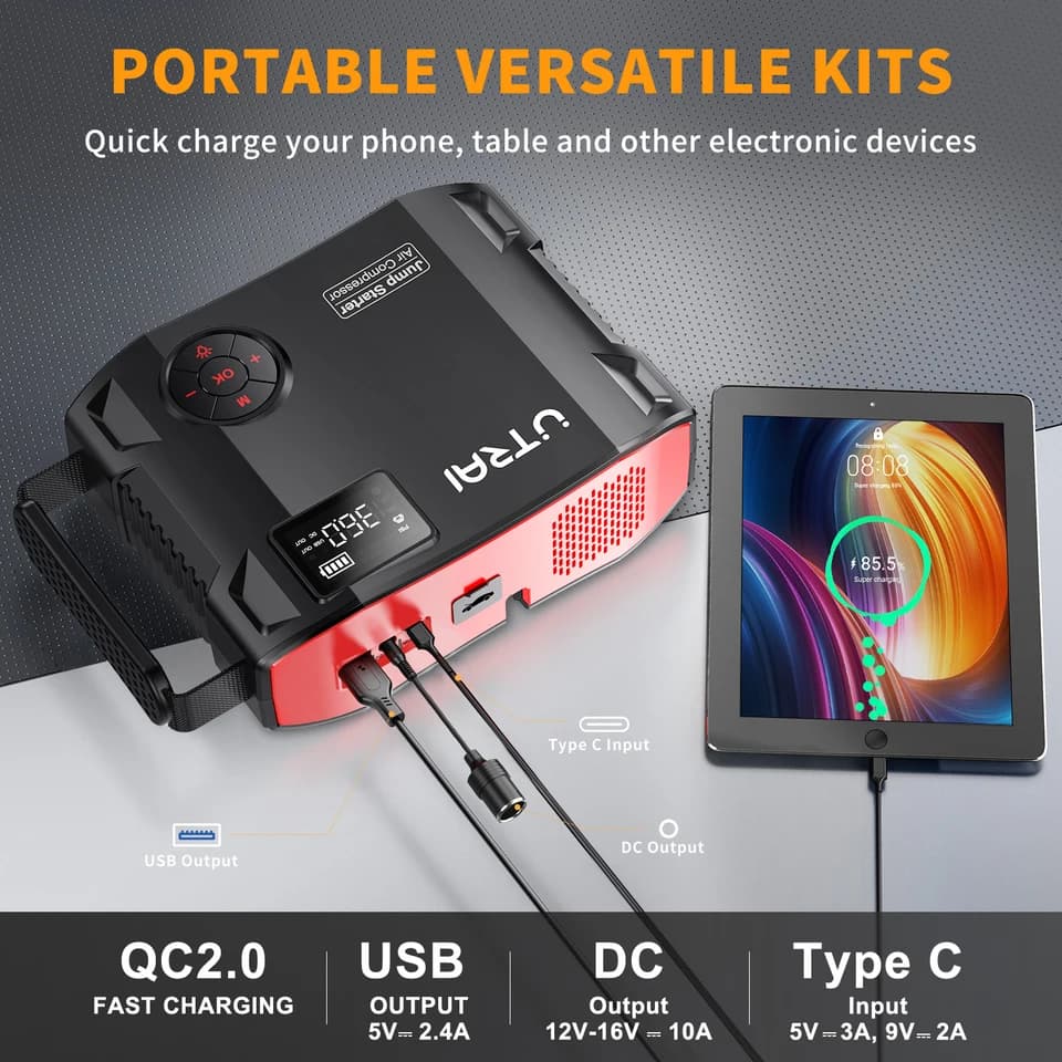 Car Starter | 4-in-1 2000A Booster Pack | 16000mAh with Tire Inflator - Thumbnail 5