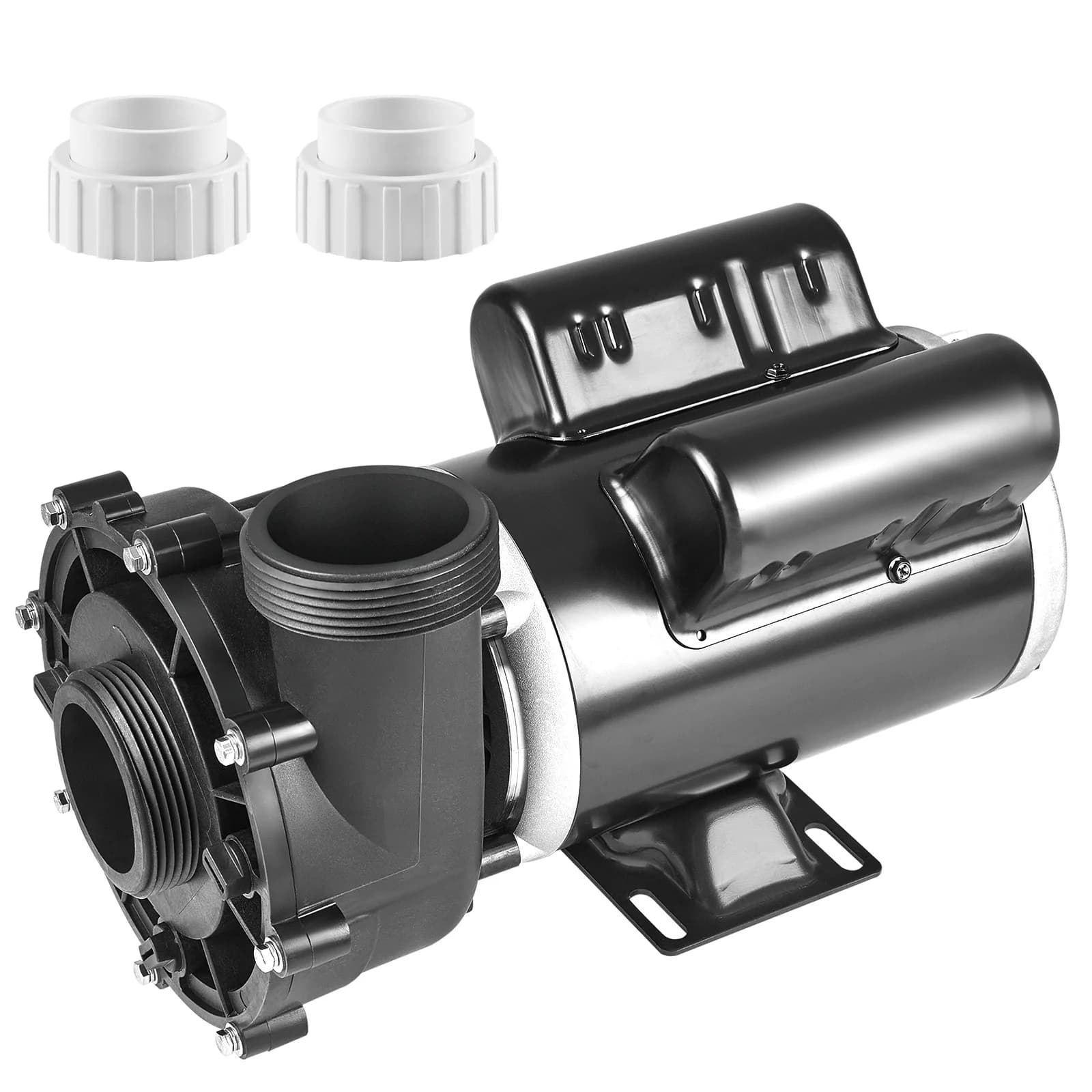 SucceBuy 2-speed spa pump with 1.5HP/3HP/4HP power, 2-inch ports, and 90-degree rotational interface for hot tub maintenance and water circulation.