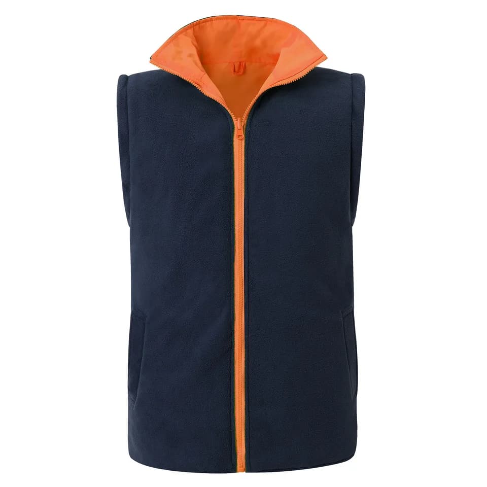 Hi Vis Jacket: Navy blue fleece vest with orange zipper and collar on white background.