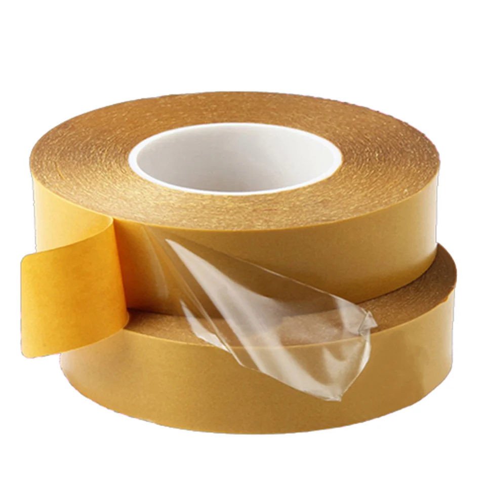 High Temp PET Double Sided Tape with clear protective film partially peeled, on a white background.