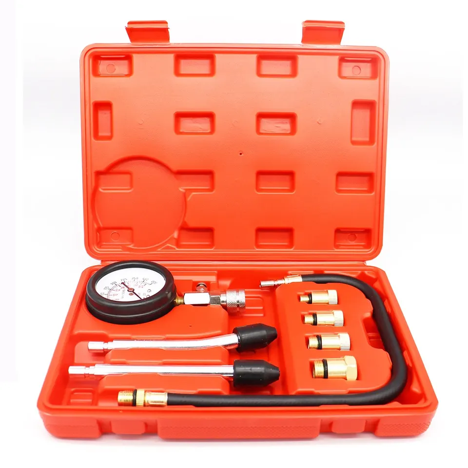 A gasoline engine compression tester kit, including a pressure gauge and multiple adapters for accurate readings.