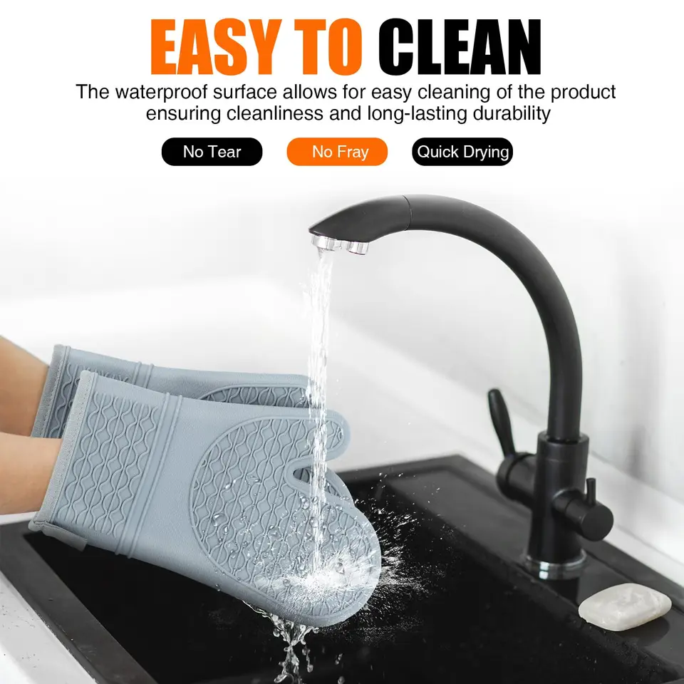Heat Resistant Oven Gloves | Silicone, Cotton Lined | Non-Slip Grip, BBQ - Thumbnail 5