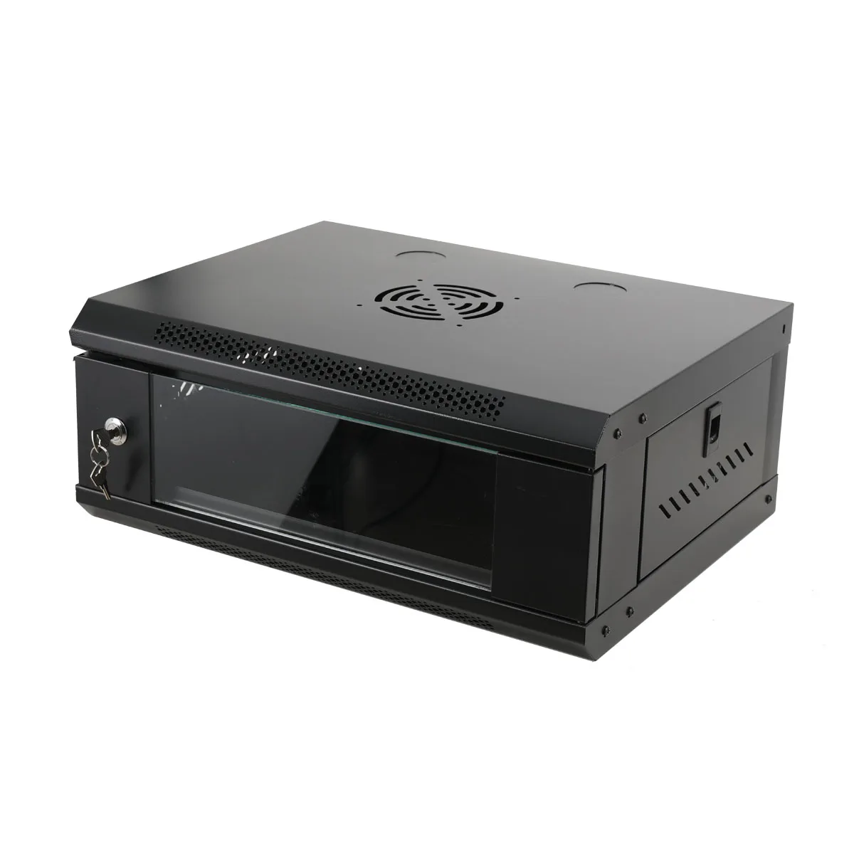 Black 4U wall mount network server cabinet enclosure with lockable door, ideal for organizing tools and hardware in a workshop.