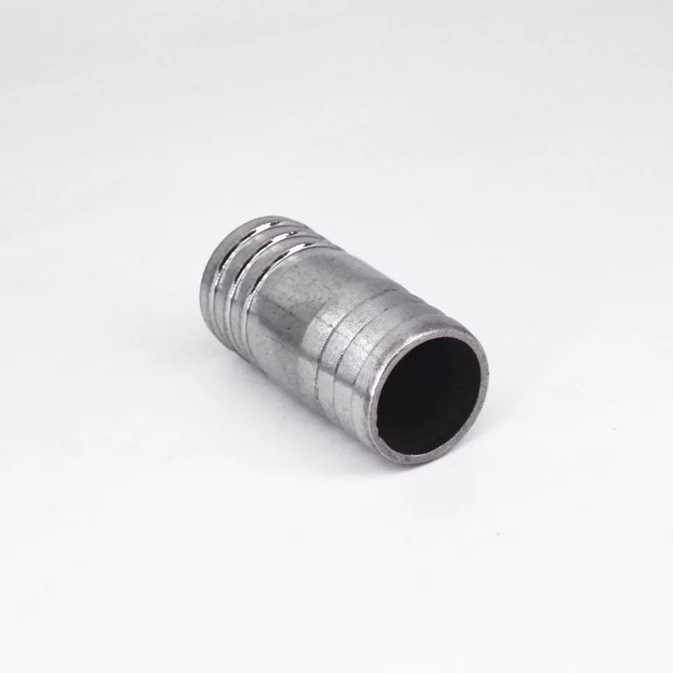 Stainless Steel Hose Barb Connector for washing machine drain hose, single fitting.