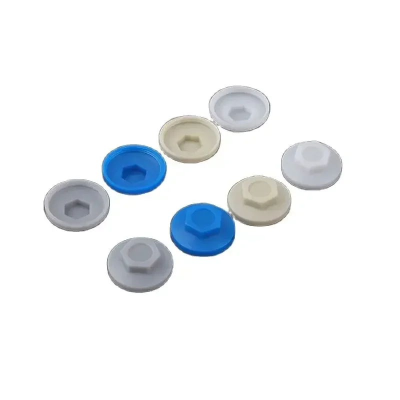 200-piece set of plastic screw covers in blue, white, and grey colors for decorative protection of 5.2mm outer hex self-drilling screws.