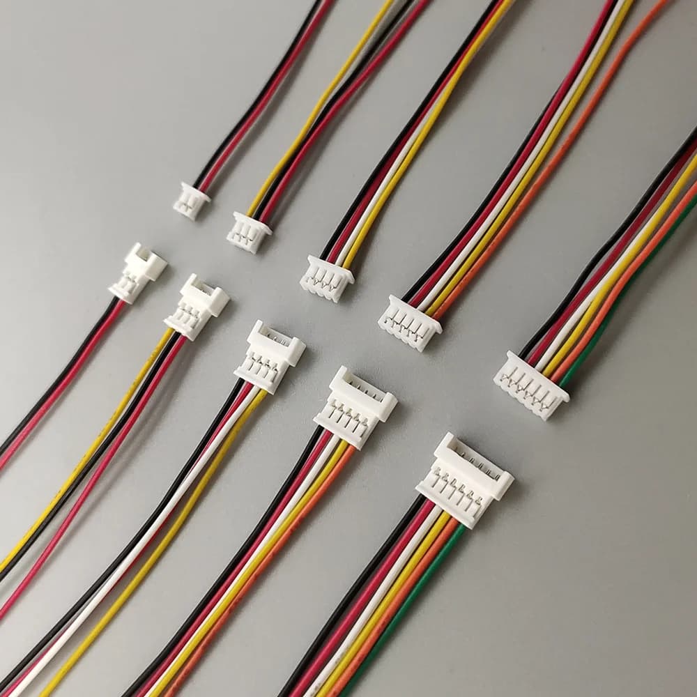 JST 1.25mm pitch connector set with male plug and female socket in 2 to 6 pin configurations, includes 10cm wire cables.