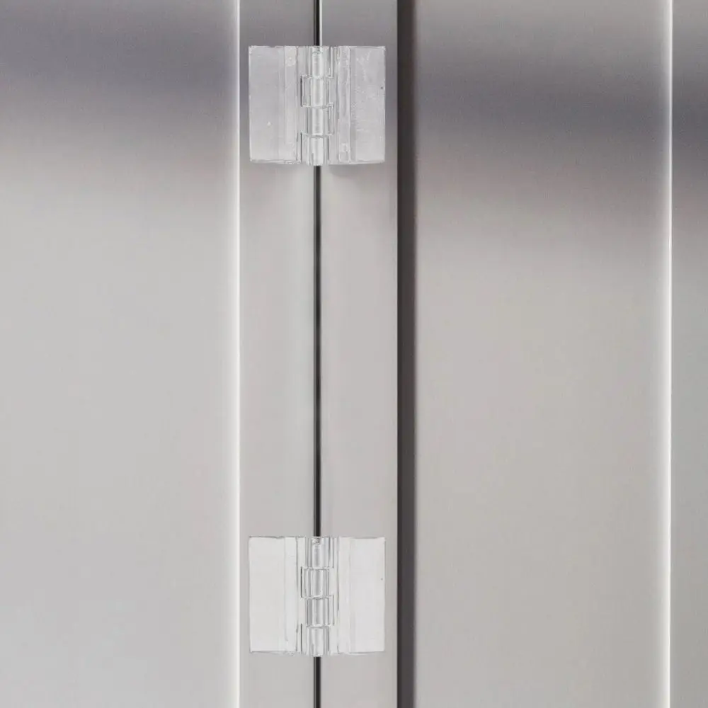 Transparent self-adhesive folding hinge made of acrylic for DIY cabinet, drawer, and jewelry box doors. Features easy installation without screws.