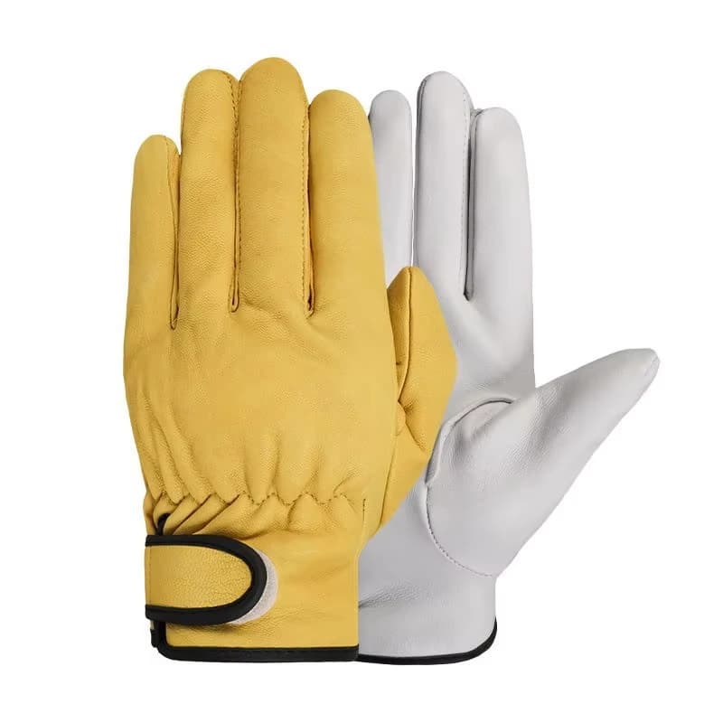 Sheepskin leather work gloves for welding, gardening, sports, motorcycle riding, and safety protection with wear-resistant design.