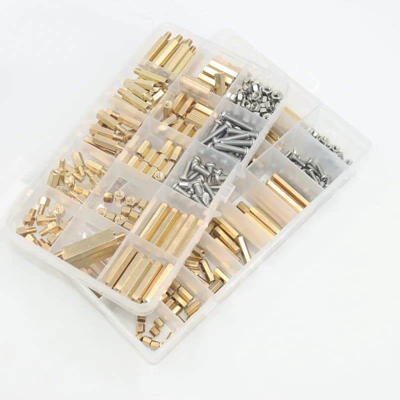 Assorted brass motherboard standoffs, screws, and nuts kit for DIY electronic PCB circuit board mounting. Includes male and female hex pillar spacers in M2 to M5 sizes.