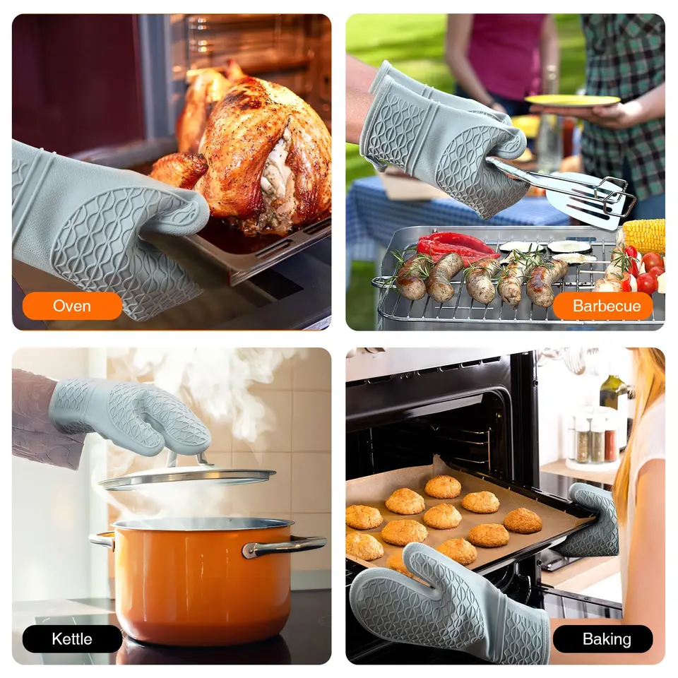 Heat Resistant Oven Gloves | Silicone, Cotton Lined | Non-Slip Grip, BBQ - Thumbnail 6