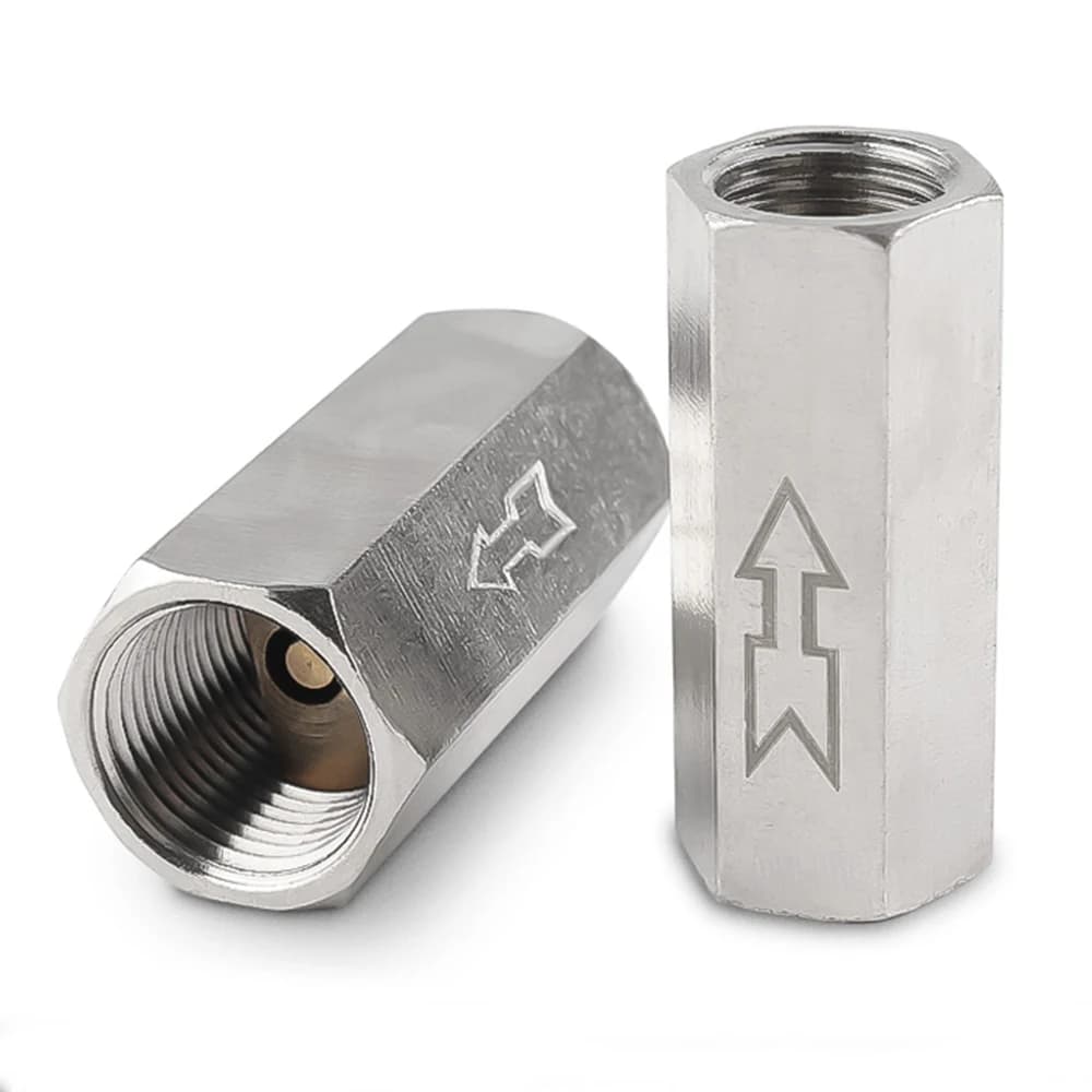 Brass pneumatic one-way check valve with internal BSP threads, available in sizes from 1/8 to 3/4 inch for air control systems.
