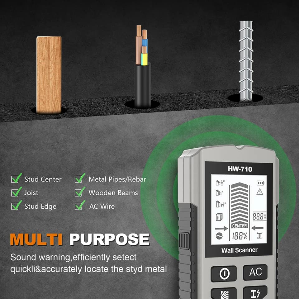 6-in-1 Wall Stud Finder | LCD Display & AC Voltage Live Wire | Metal & Wood Scanner - Thumbnail 3