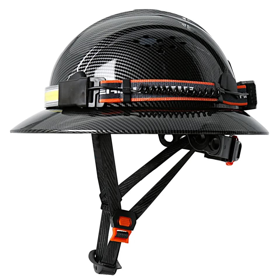 Carbon Fibre Full Brim Hard Hat | Headlamp Included | Anti-Collision Work Safety - Thumbnail 2