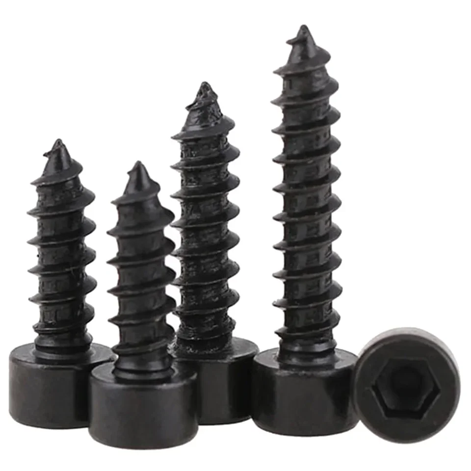 Black Carbon Steel Self Tapping Screws, various lengths on white.