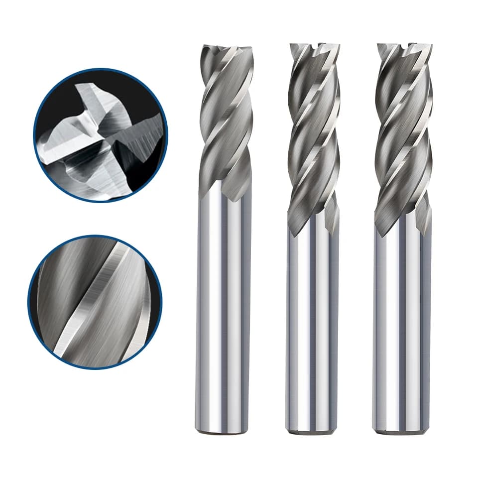 HSS 4 Flute Router Bits: Three end mills with close-up insets of their features.